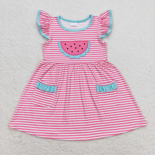 Baby Girl Short Sleeves Embroidery Watermelon Pocket Pink Stripes Dress