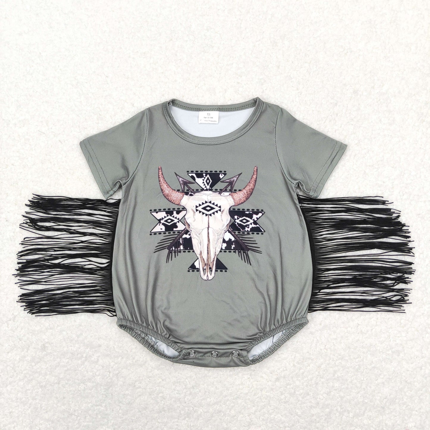 SR0579 Baby Kids Short Sleeves Western Cow Print Tassel Romper