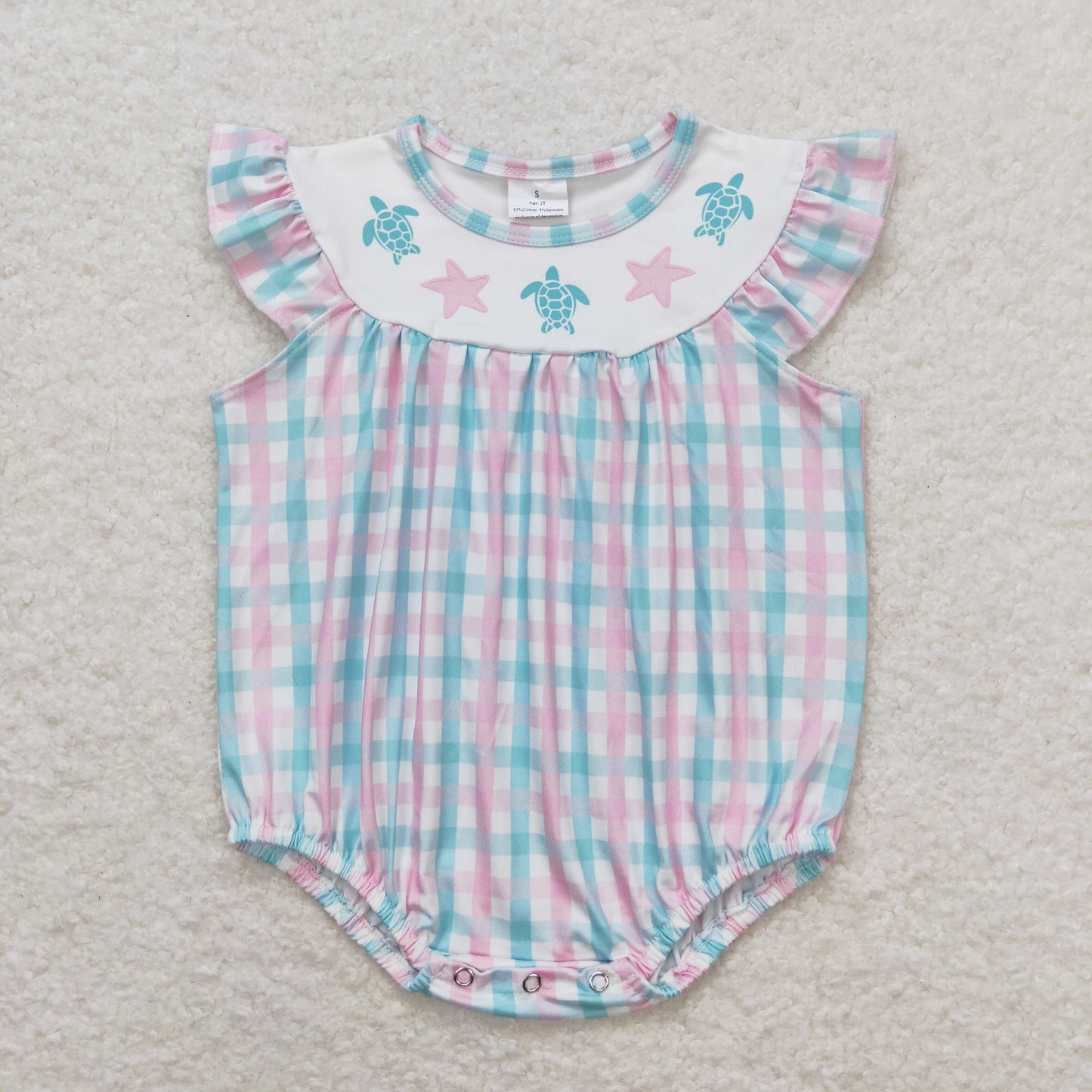 Baby Girl Short Sleeves Starfish Plaid One Piece Romper