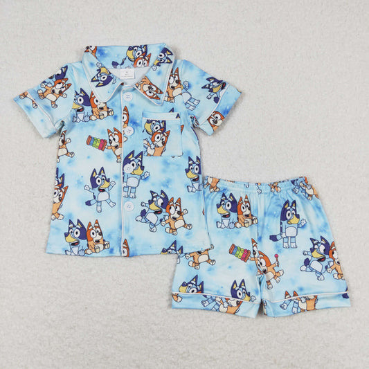 Baby Boy Blue Short Sleeves Dogs Buttons Shirt Shorts Pajamas Set