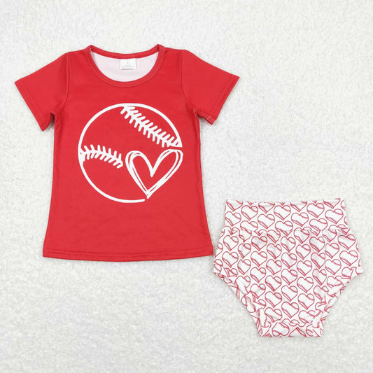 Baby Girl Red Shirt Baseball Hearts Bummies Shorts Set