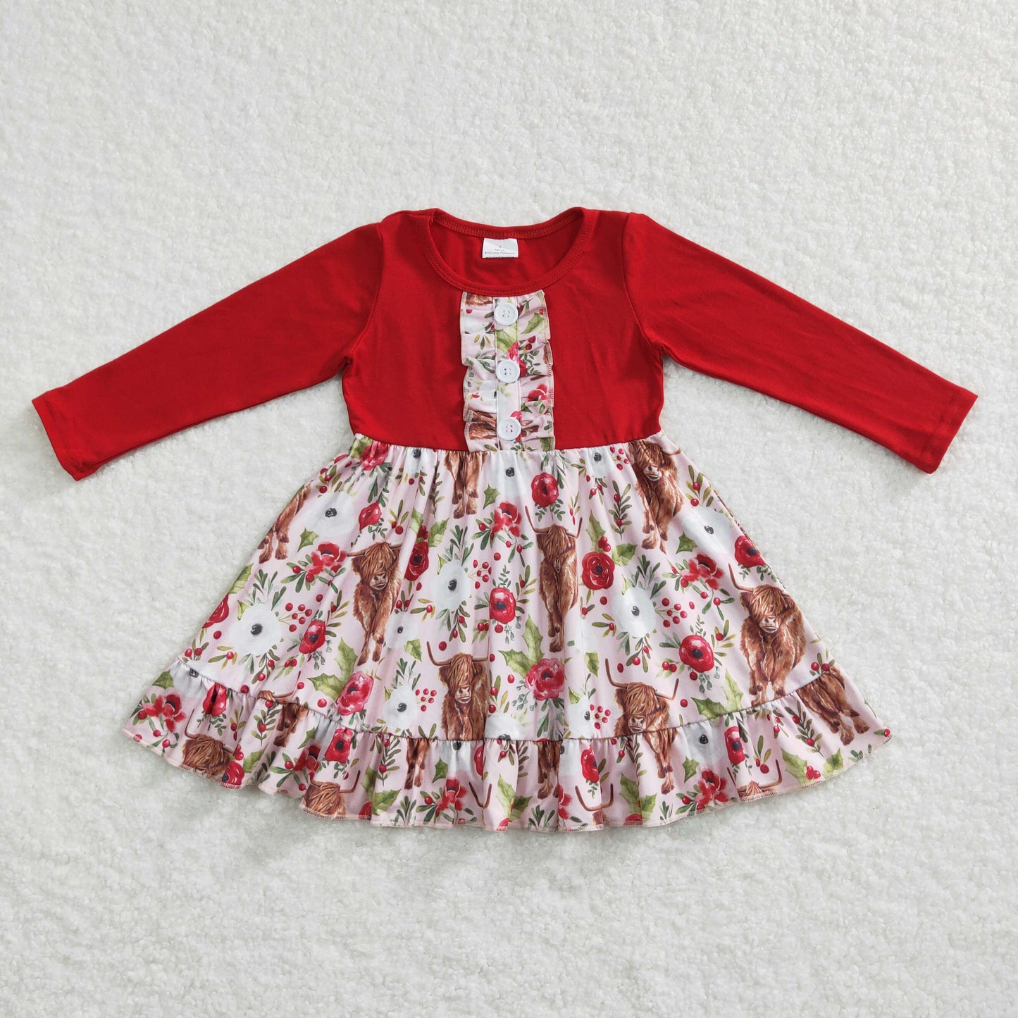 GLD0322 Baby Girl Christmas Floral Red Long Sleeves Western Cow Dress