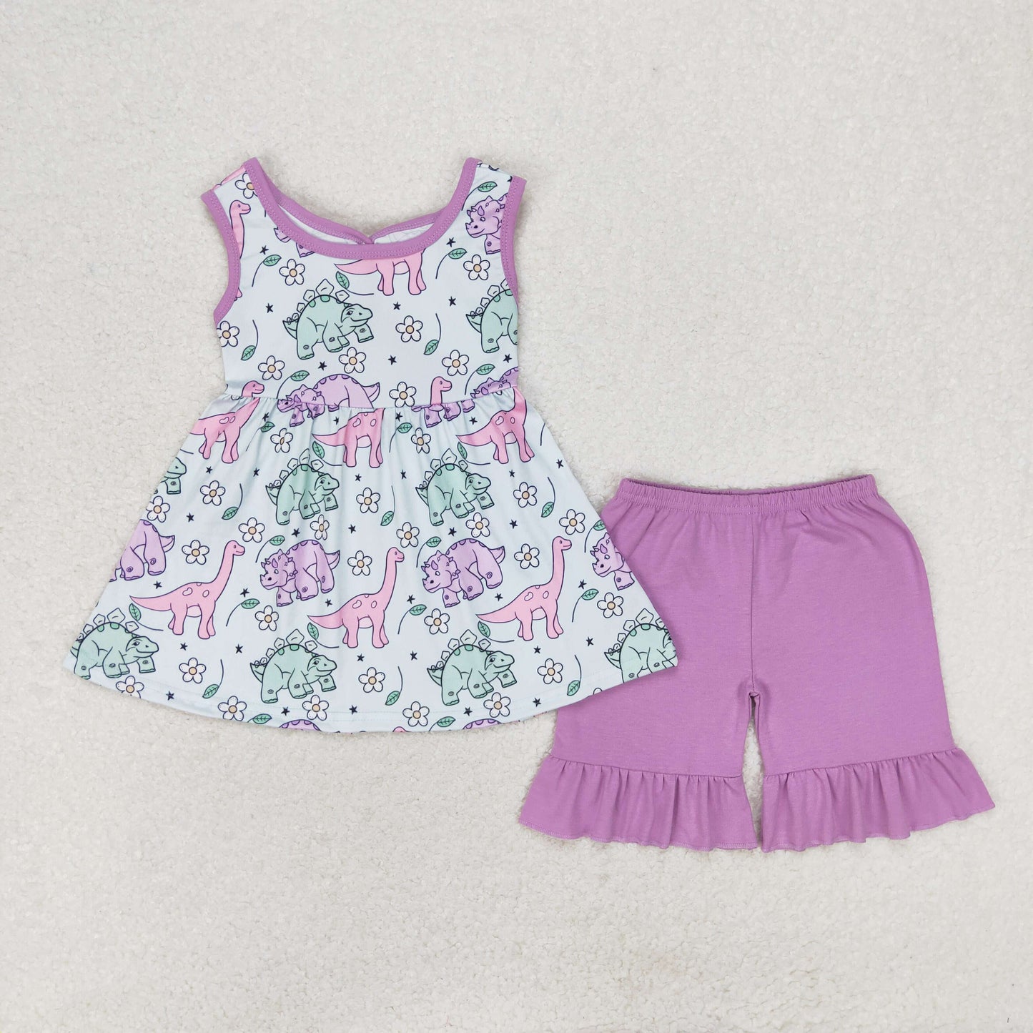 Baby Girl Sleeveless Dinosaurs Floral Tops Purple Shorts Set