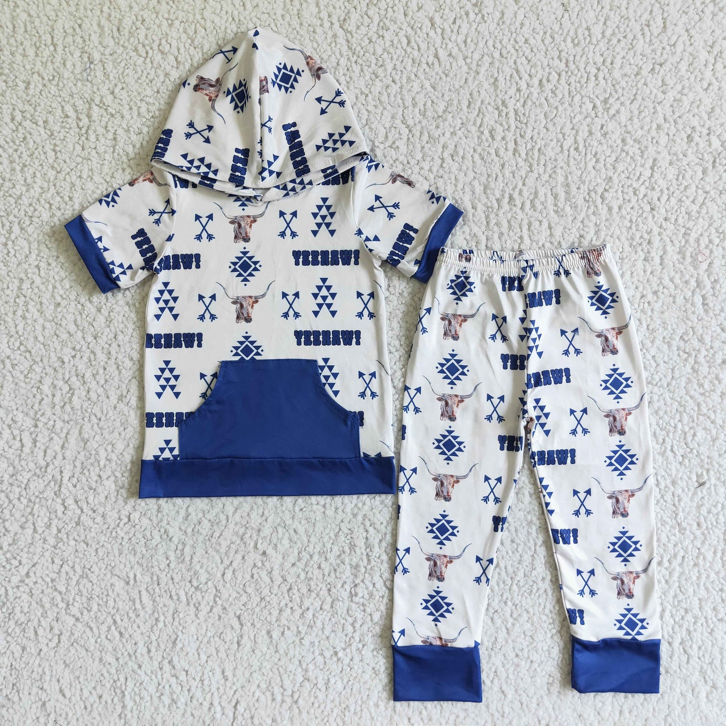 Promotion Baby Boy Western Cow Hoodie Pants Blue Outfit