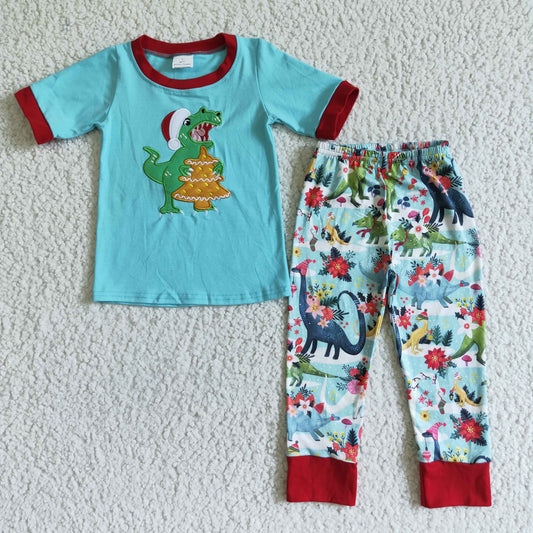 Promotion Baby Boy Short Sleeves Dinosaurs Shirt Pants Embroidery Outfit Christmas Clothes RTS