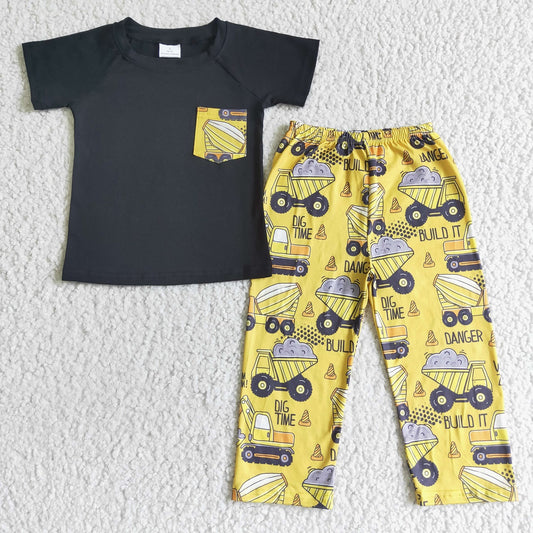 Promotion Baby Boy Pocket Black Shirt Pants Set