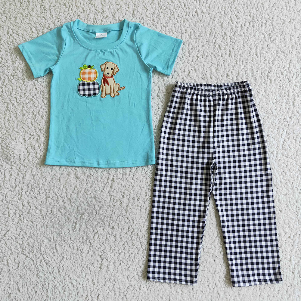 Baby Boy Short Sleeves Dogs Pumpkins Shirt Pants Set Sibling Thanksgiving RTS