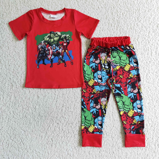 Promotion Baby Boy Red Short Sleeves Cartoon Shirt Pants Outfit