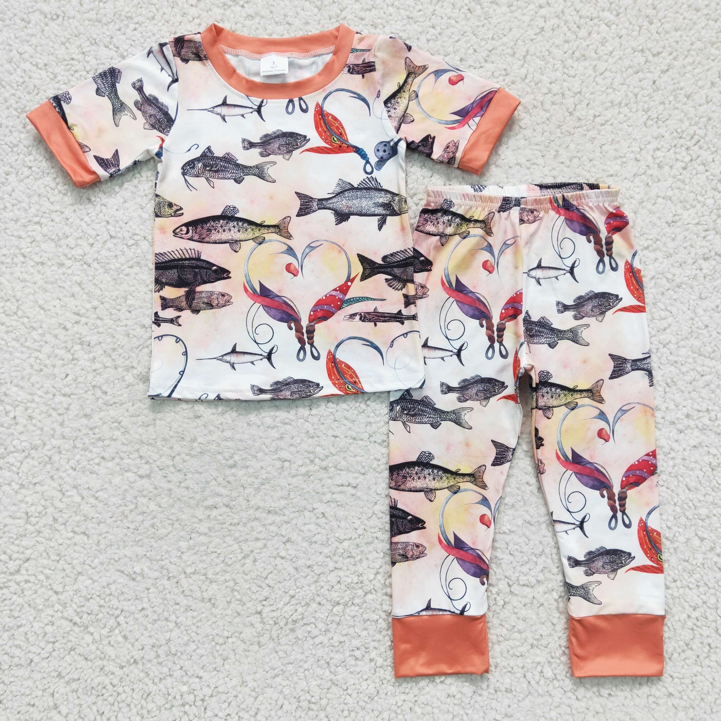 Promotion Baby Kids Toddler Short Sleeves Hearts Fishing Pants Outfit Pajamas