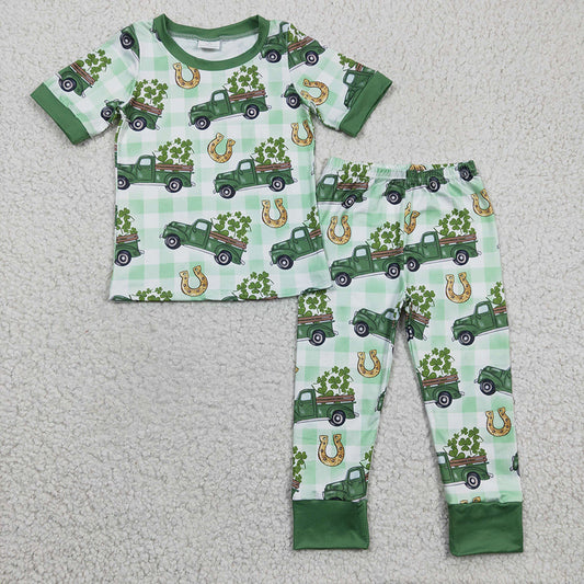 Promotion Baby Boy Short Sleeves Car Green Pants St Patrick Day Sibling Pajamas Set