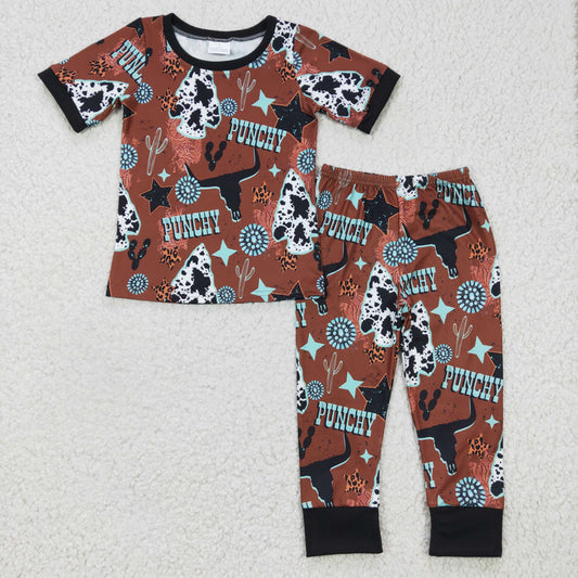 Promotion Baby Boy Western Cow Print Pants Outfit Short Sleeves Pajamas