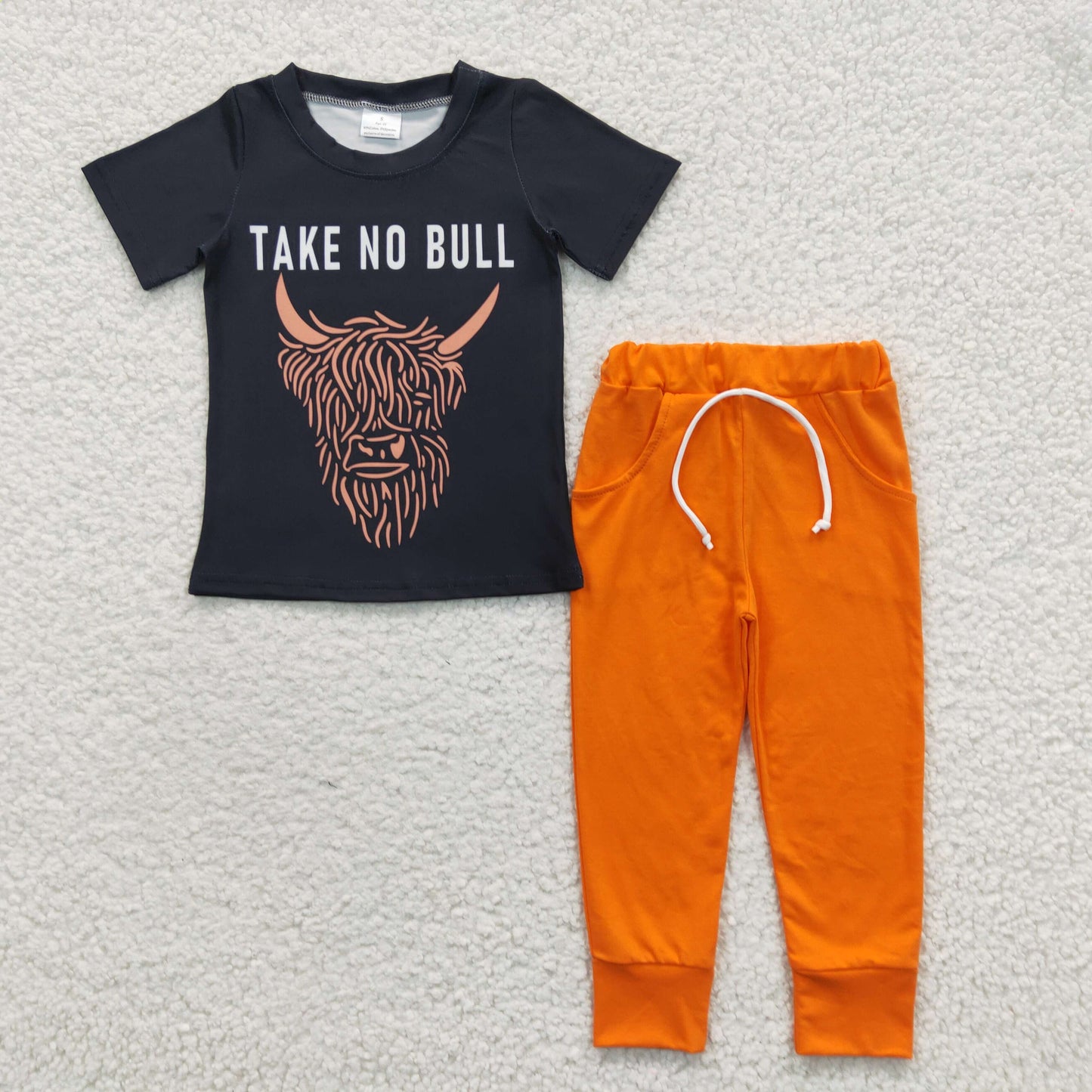 Promotion Baby Boy Black Short Sleeves Western Cow Shirt Orange Pockets Pants Outfit RTS