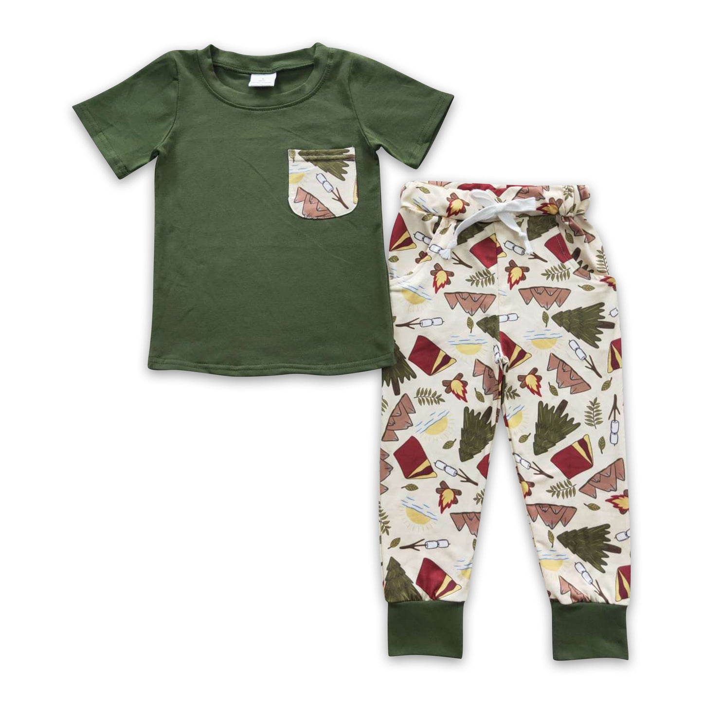 Promotion Baby Boy Short Sleeves Green Shirt Pockets Pants Outfit RTS