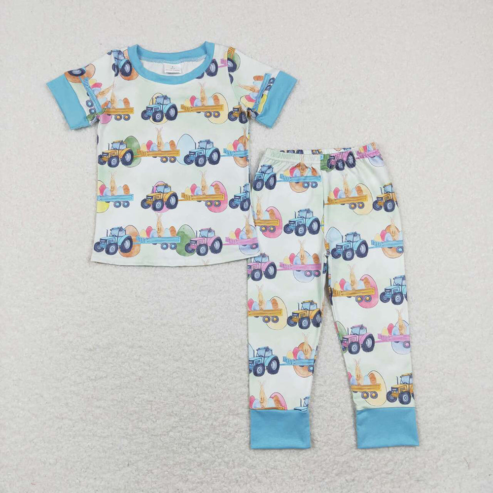 Baby Boy Kids Easter Eggs Tractors Sibling Romper Blanket Clothes Set Pajamas