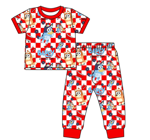 Moq 3 Pre-order Baby Kids Short Sleeves Dogs Checkered Shirt Pants Set Pajamas