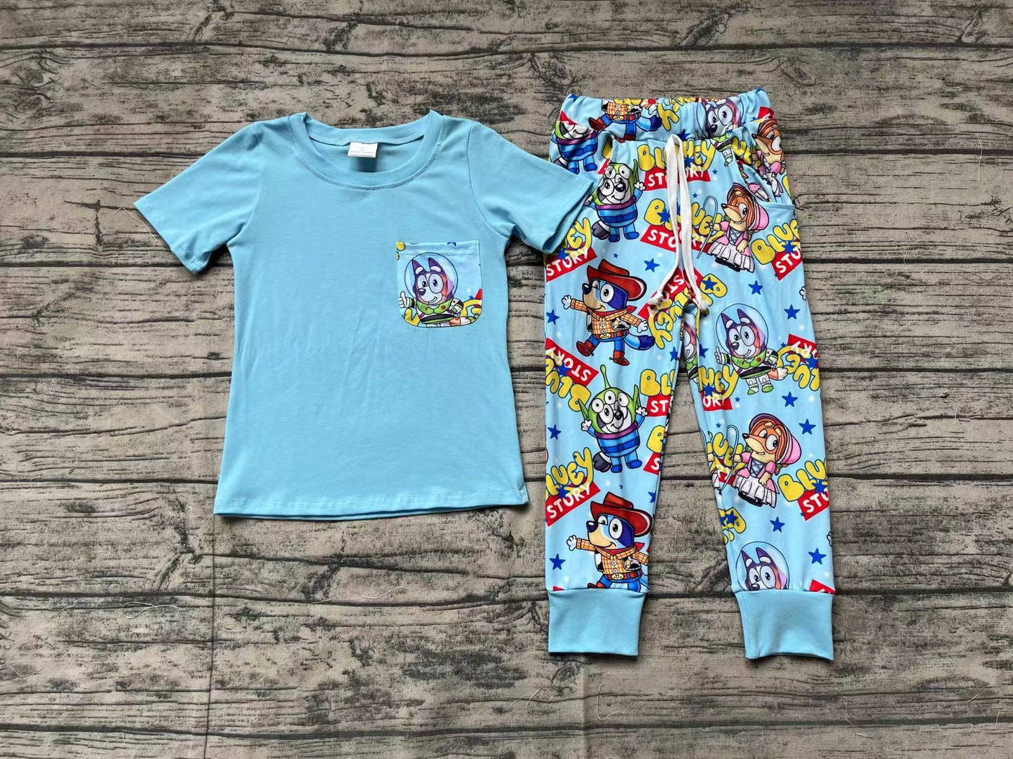 Baby Boy Blue Short Sleeves Pocket Shirt Pants Dogs Set