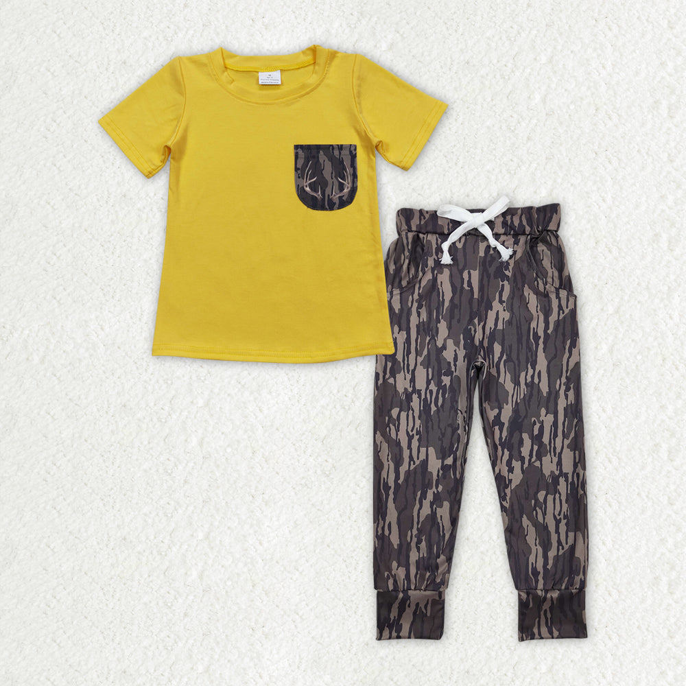 Sibling Baby Boys Short Sleeves Pockets Yellow Shirts Southern Camo Bottoms Clothes Sets RTS