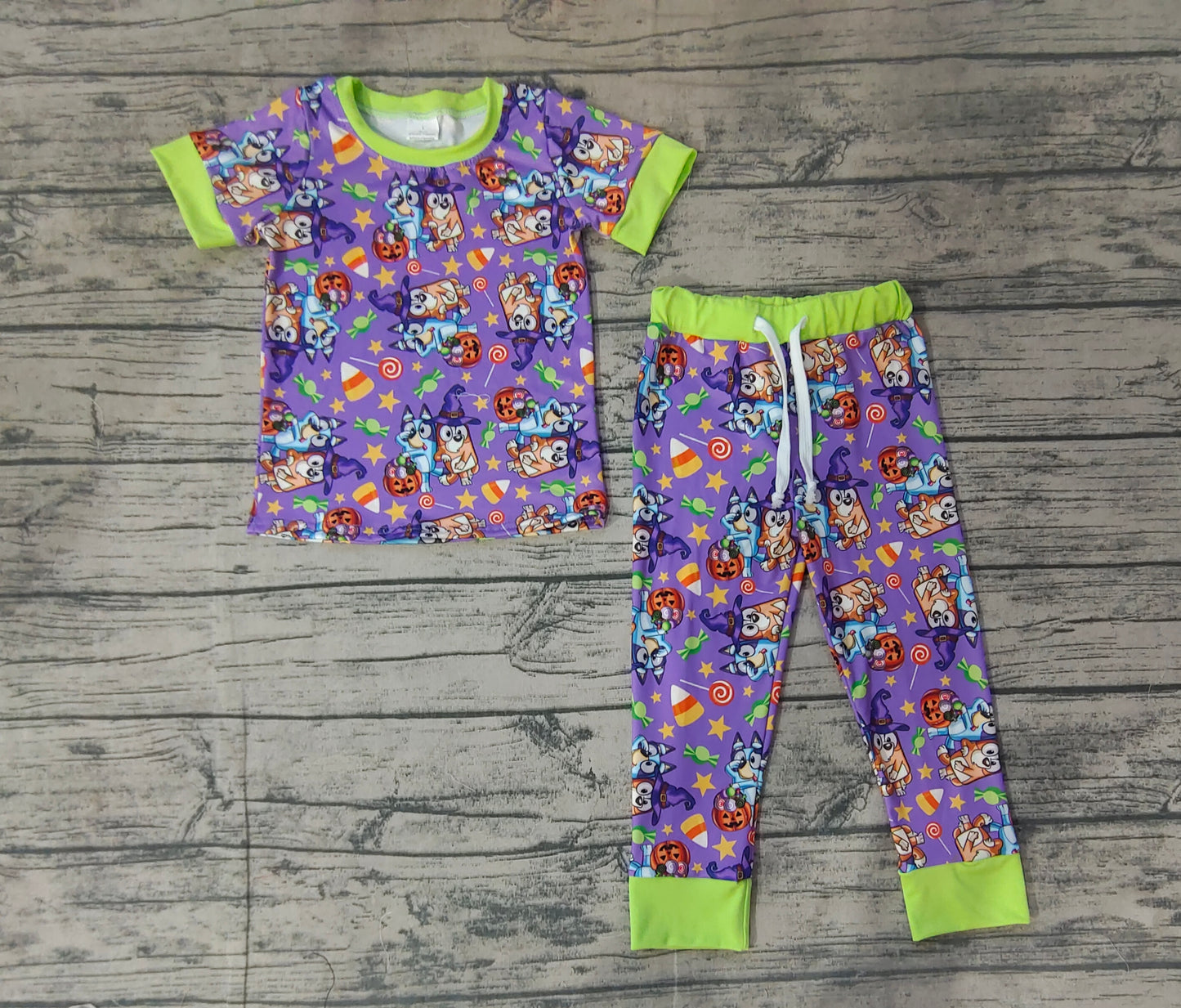 Baby Boy Kids Short Sleeves Dogs Halloween Purple Shirt Pants Pajamas Set