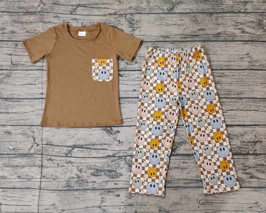 Preorder Baby Boy Short Sleeves Brown Pocket Shirt Smile Checked Pants Clothes Set ( No moq )