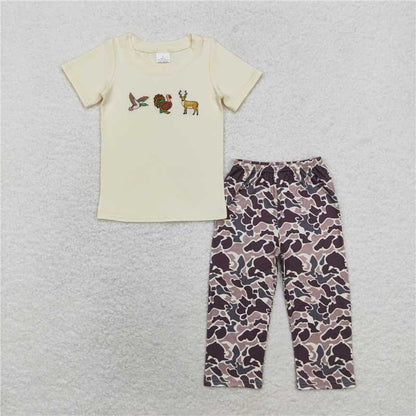 Baby Boy Short Sleeves Embroidery Ducks Deer Camo Sibling Hunting Romper Set RTS