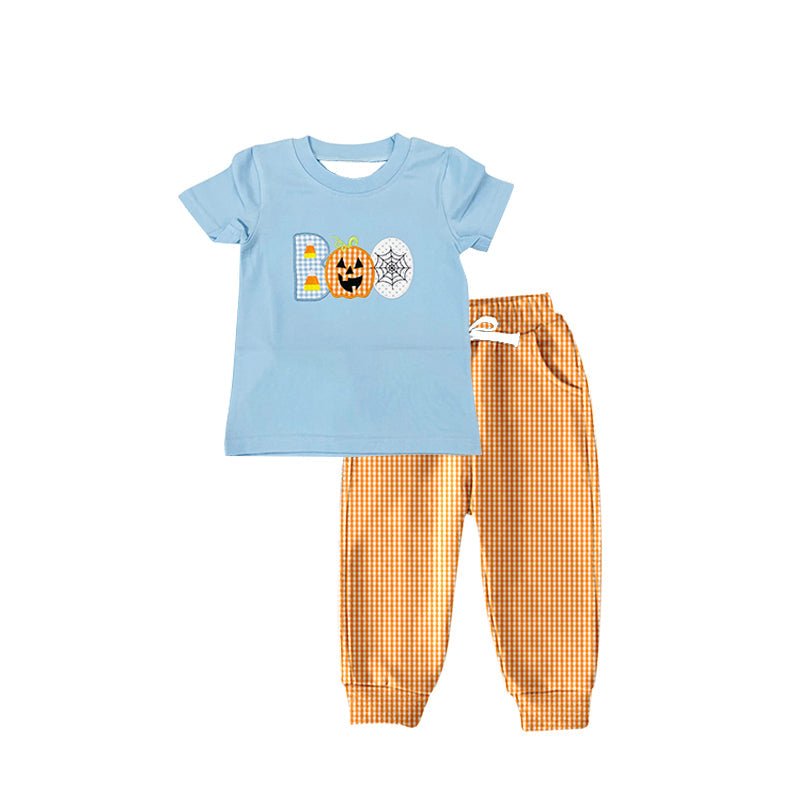 Pre-order Baby Boy Halloween Pumpkin Blue Shirt Orange Pants Set