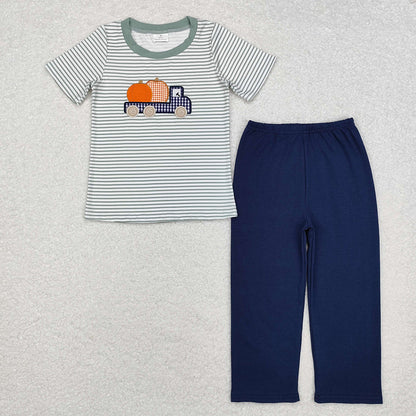 Baby Boy Short Sleeves Embroidery Pumpkin Trucks Stripes Sibling Romper Set Thanksgiving RTS