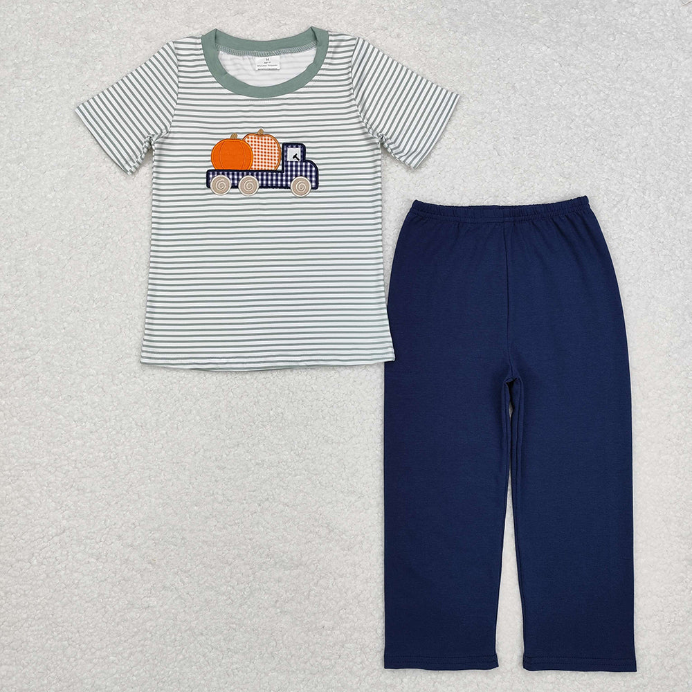 Baby Boy Short Sleeves Dogs Pumpkins Shirt Pants Set Sibling Thanksgiving RTS