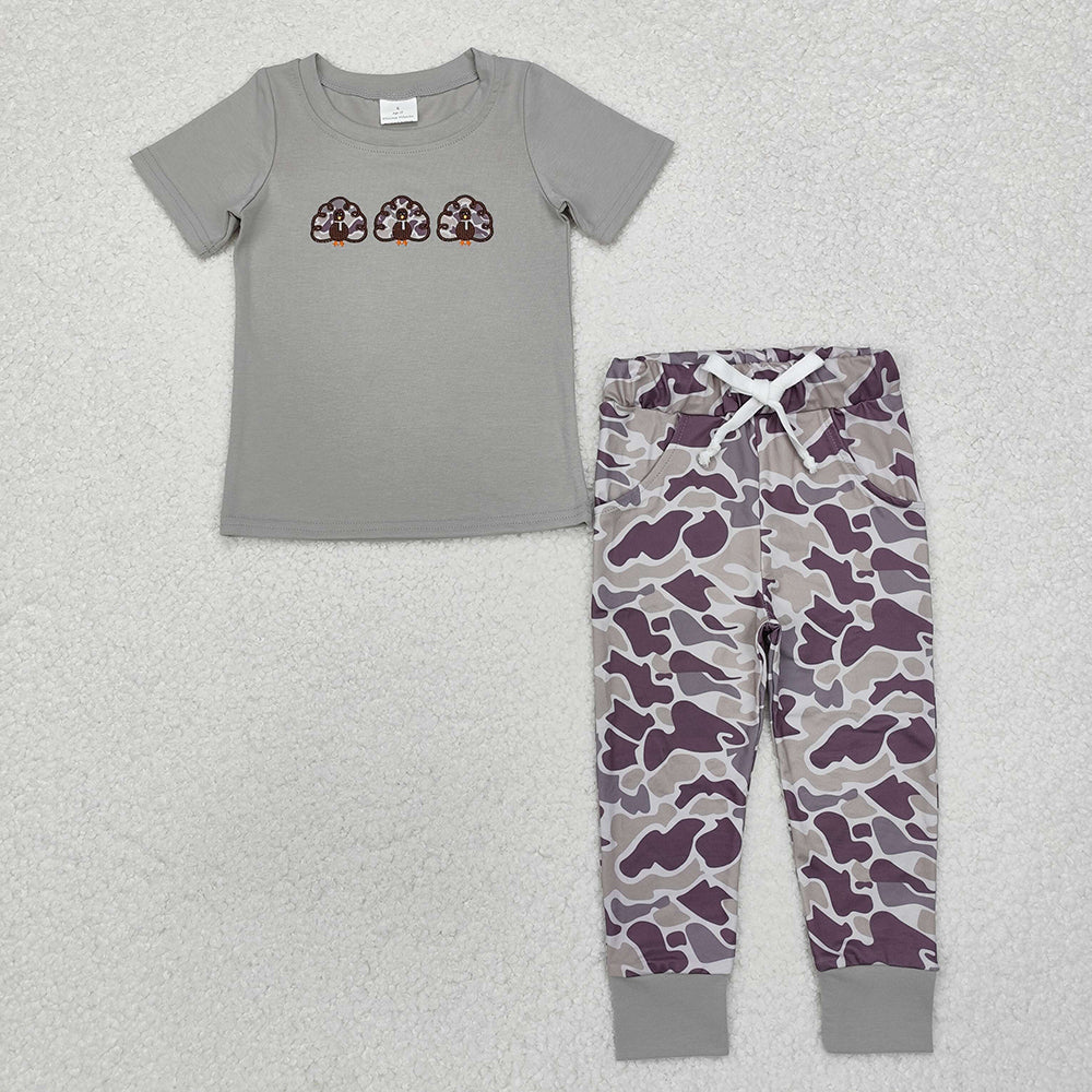 Sibling Baby Boys Girls Short Sleeves Embroidery turkey Shirts Pants Thanksgiving Clothes Sets RTS