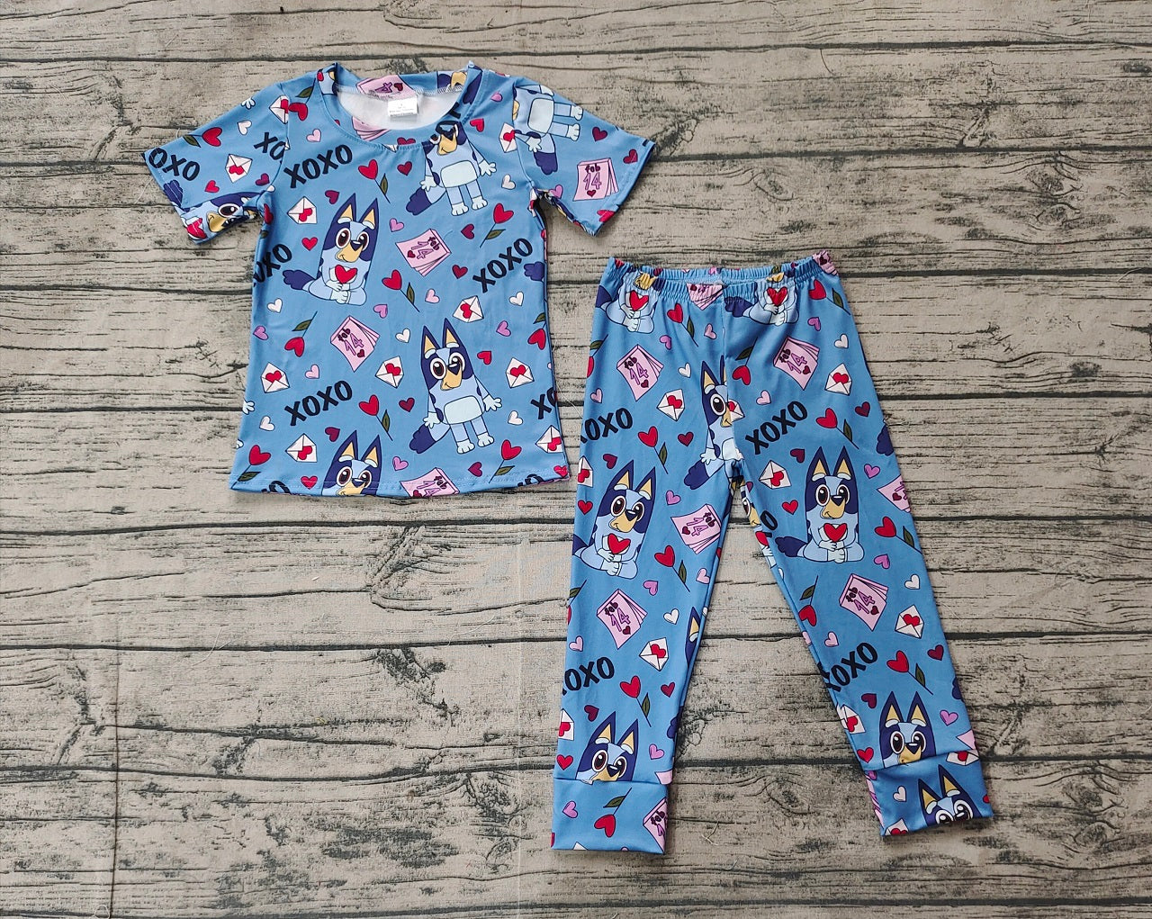 Baby Boy Short Sleeves Valentines Hearts Dogs Blue Shirt Pants Pajamas Clothes Set