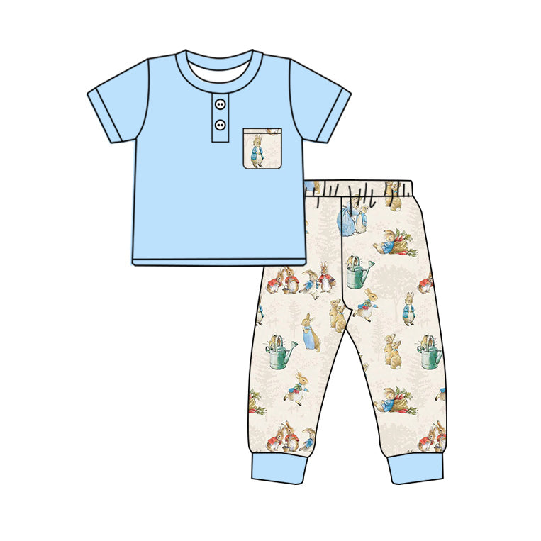 Pre-order Baby Boy Short Sleeves Blue Blue Pocket Shirt Rabbits Pants Clothes Easter Set