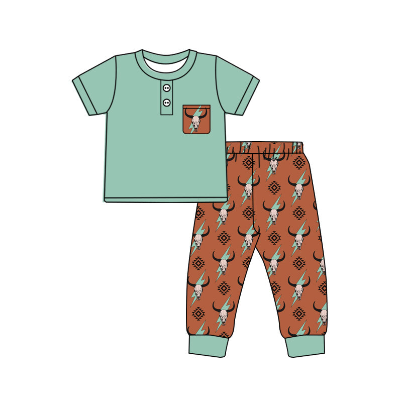 Pre-order Baby Boy Short Sleeves Green Shirt Western Cows Pants Outfit Clothes Set