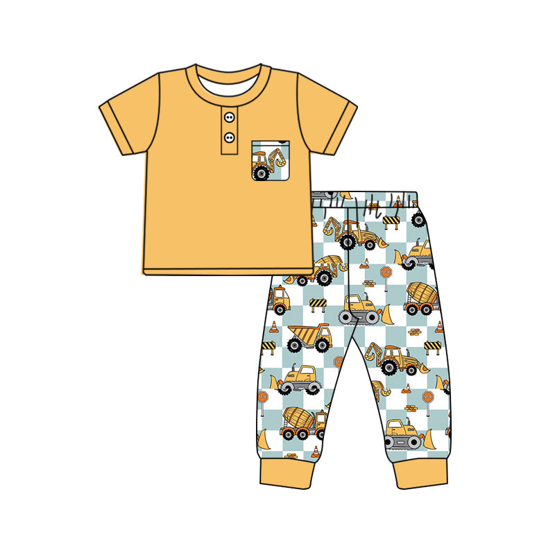 Pre-order Baby Boy Short Sleeves Yellow Shirts Constructions Pants Outfit Clothes Set