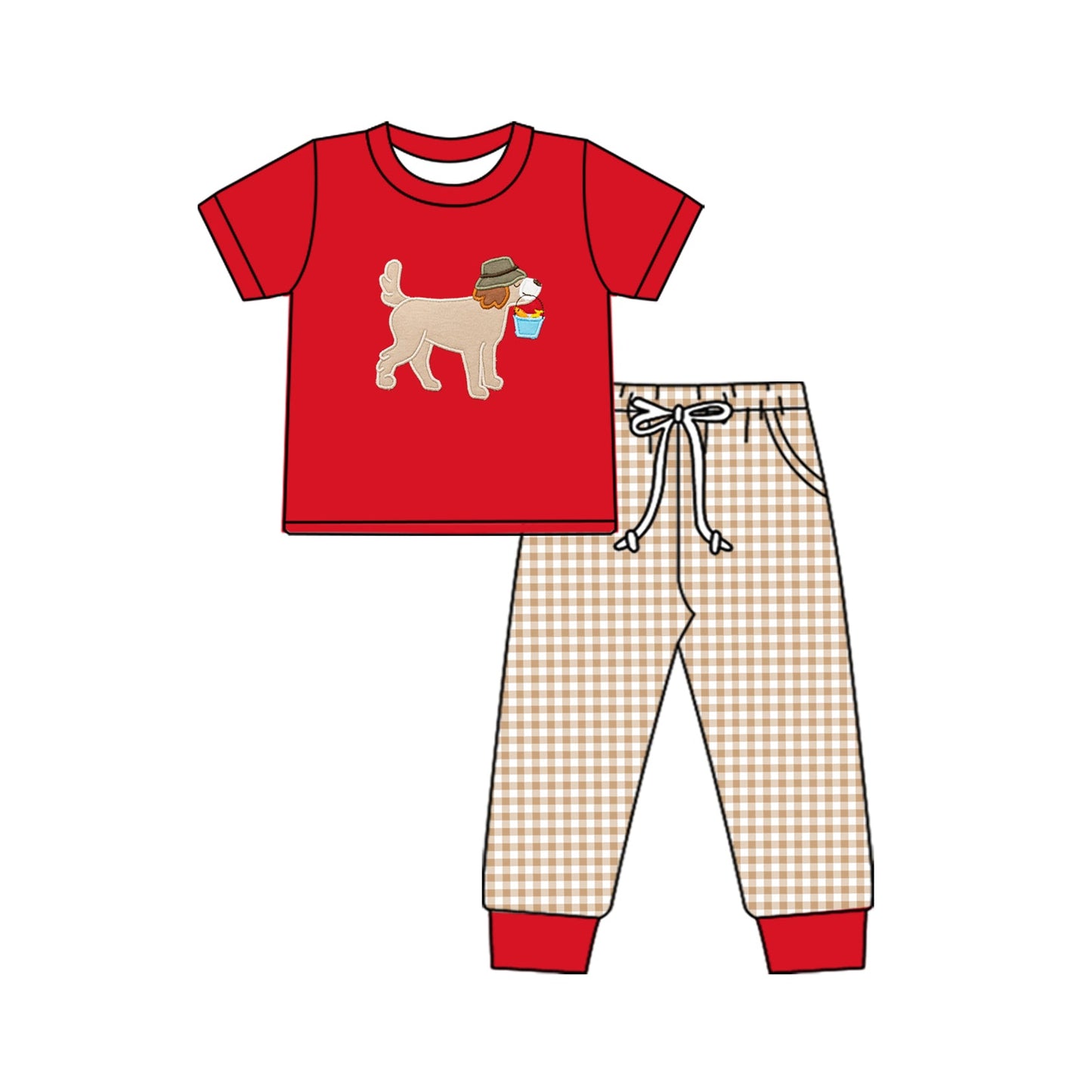 Pre-order Baby Boy Short Sleeves Dog Fishing Shirt Plaid Pocket Pants Clothes Set