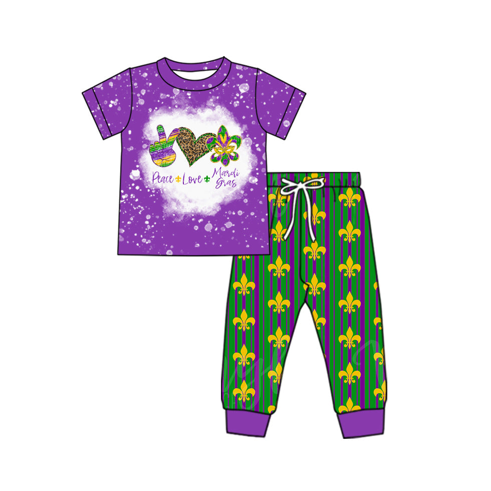 Pre-order Baby Boy Peace Love Mardi Gras Shirt Pants Clothes Set