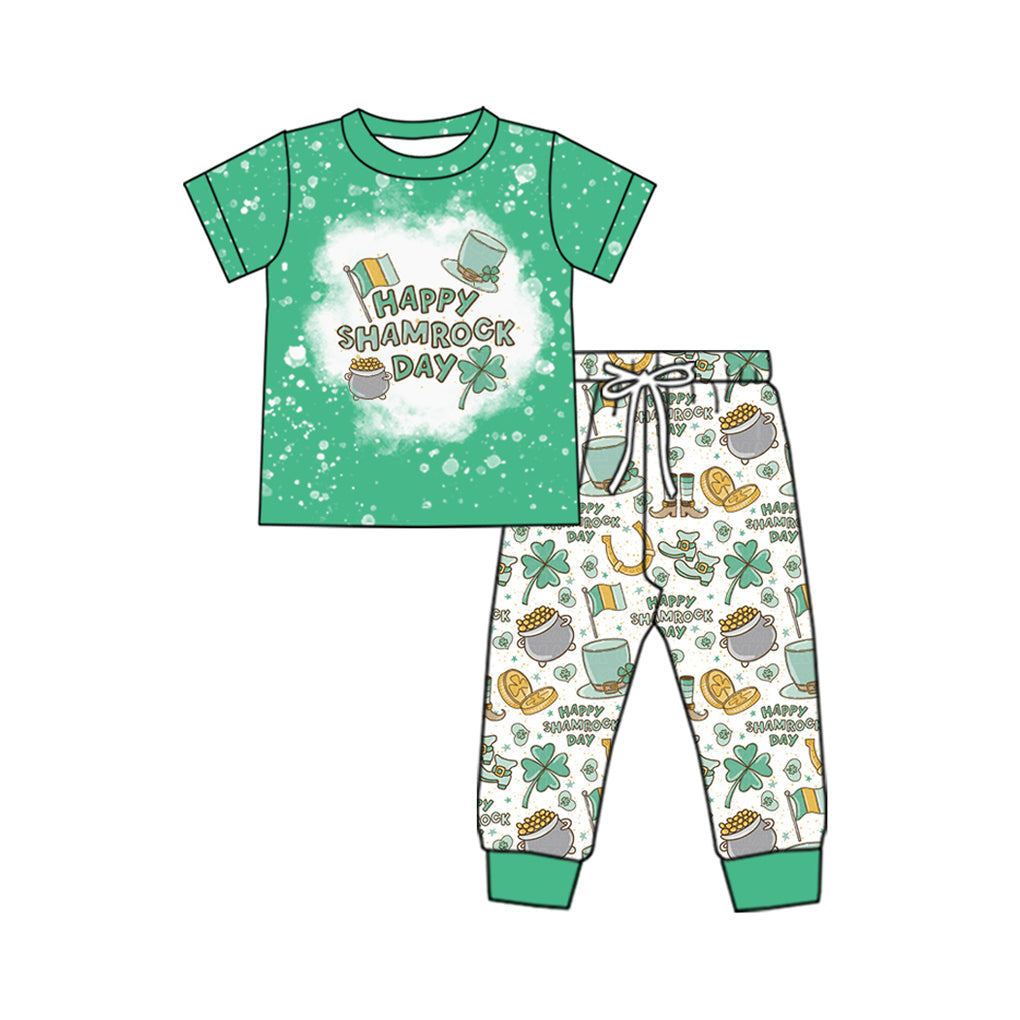 Pre-order Baby Boy Green Short Sleeves St Patrick Shamrock Shirt Pants Clothes Set