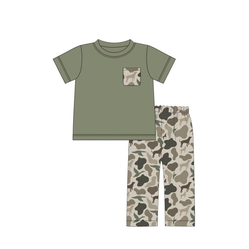 Preorder Baby Boy Green Pocket Shirt Camo Dog Duck Pants Clothes Set