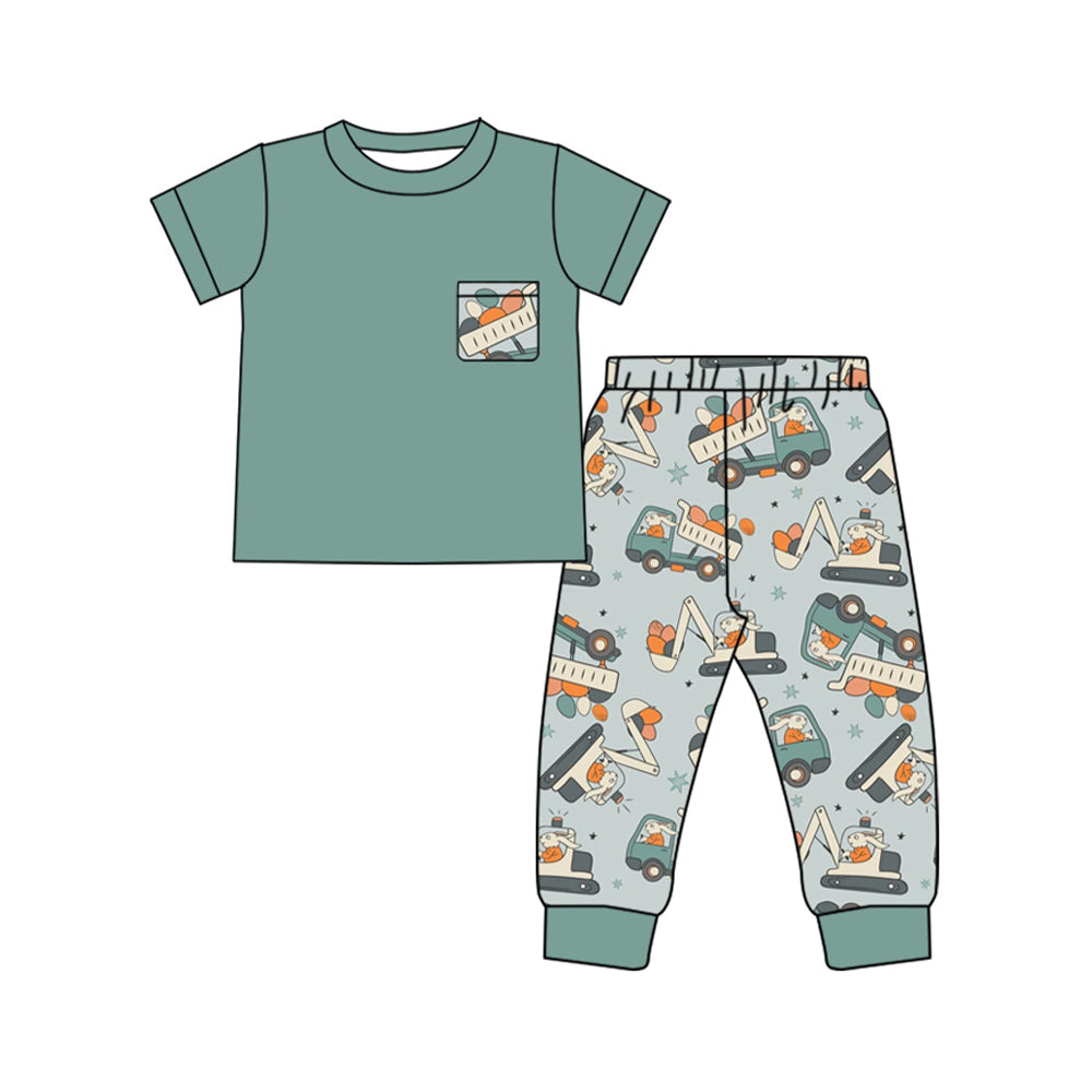 Preorder Baby Boy Short Sleeves Green Pocket Shirt Eggs Truck Pants Clothes Set