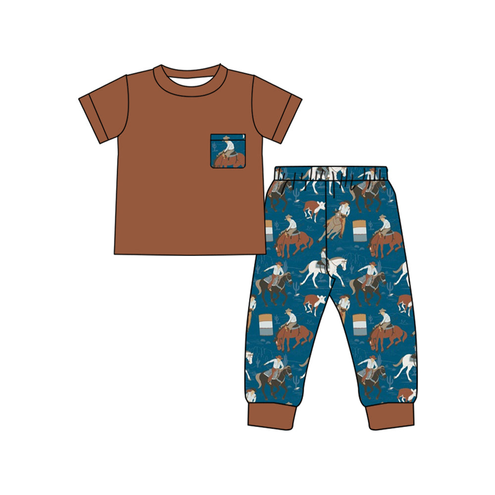 Preorder Baby Boy Short Sleeves Brown Pocket Shirt Rodeo Pants Clothes Western Set