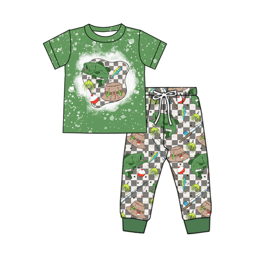 Preorder Baby Boy Short Sleeves Green Shirt Checkered Fishing Jogger Pants Clothes Set
