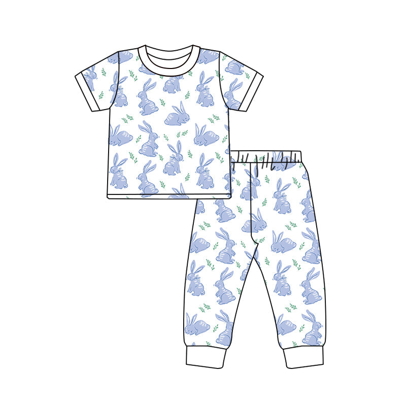 Preorder Baby Boy Short Sleeves Blue Easter Rabbits Shirt Pants Pajamas Clothes Set