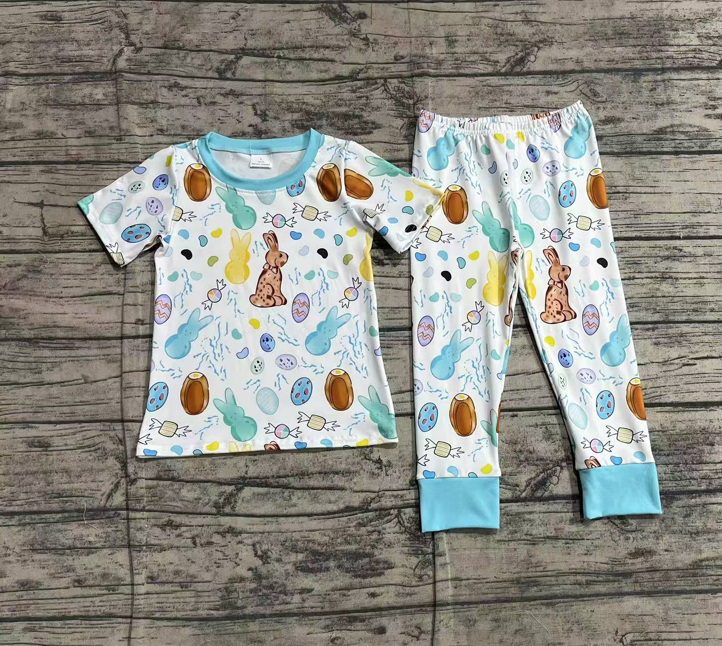 Preorder Baby Boy Short Sleeves Easter Rabbits Eggs Shirt Pants Pajamas Set ( No moq )