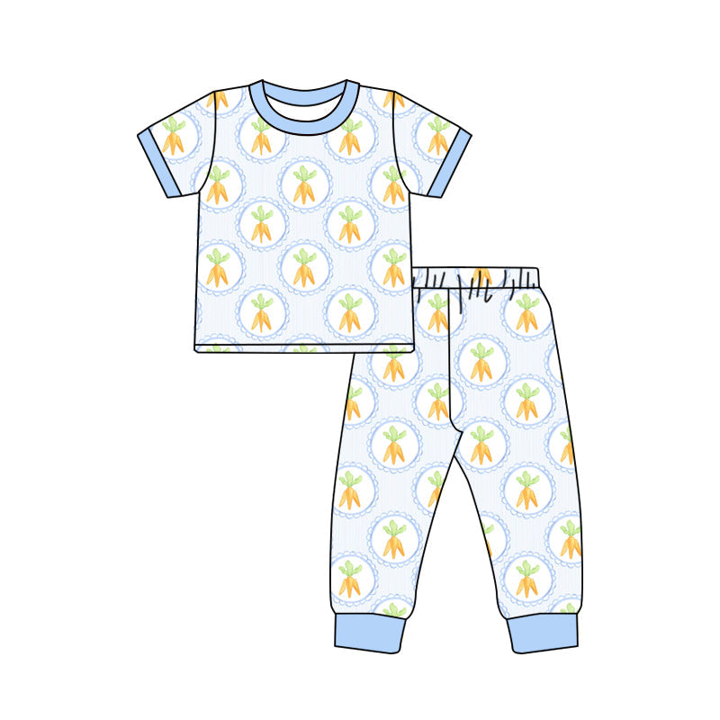 Preorder Baby Boy Short Sleeves Easter Carrots Shirt Pants Blue Pajamas Clothes Set ( Moq 5 )