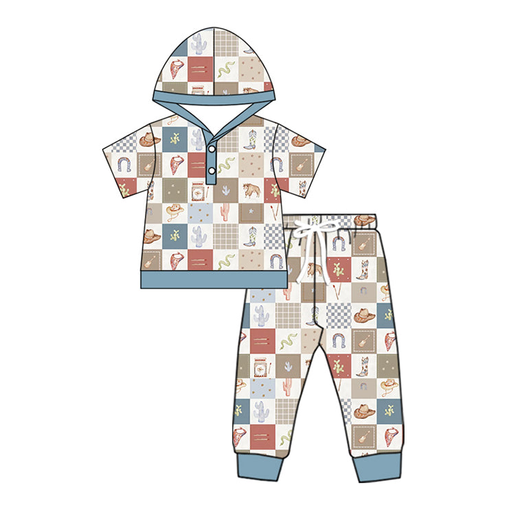 Preorder Baby Boy Short Sleeves Western Cactus Boots Hoodie Shirt Pants Pajamas Set ( Moq 5 )