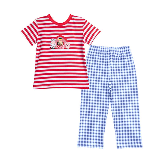 Preorder Baby Boy Stripes Short Sleeves Cows House Shirt Plaid Pants Farm Set ( Moq 5 )