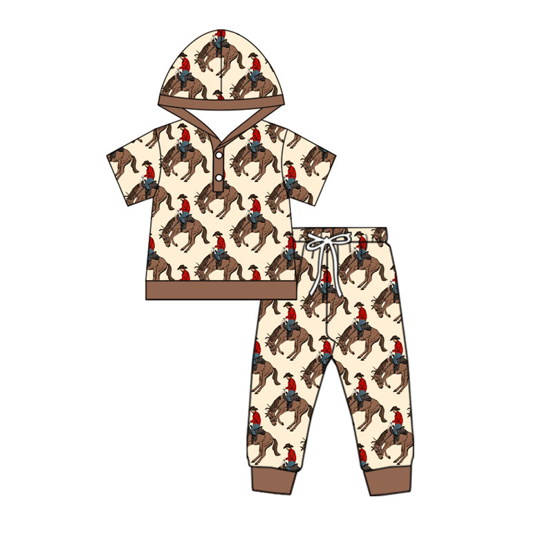 ( Moq 5 ) Preorder Baby Boy Brown Button Horse Rodeos Hoodies Shirt Pants Western Set