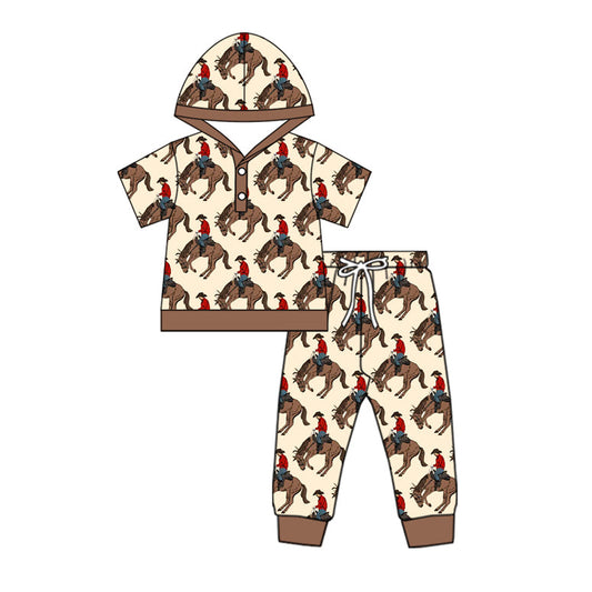 ( Moq 5 ) Preorder Baby Boy Brown Button Horse Rodeos Hoodies Shirt Pants Western Set