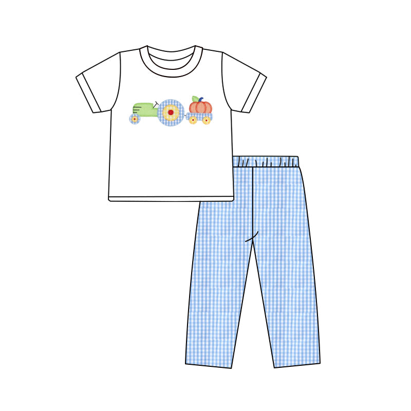 ( Moq 5 ) Preorder Baby Boy Short Sleeves Truck Pumpkins Shirt Blue Plaid Pants Set
