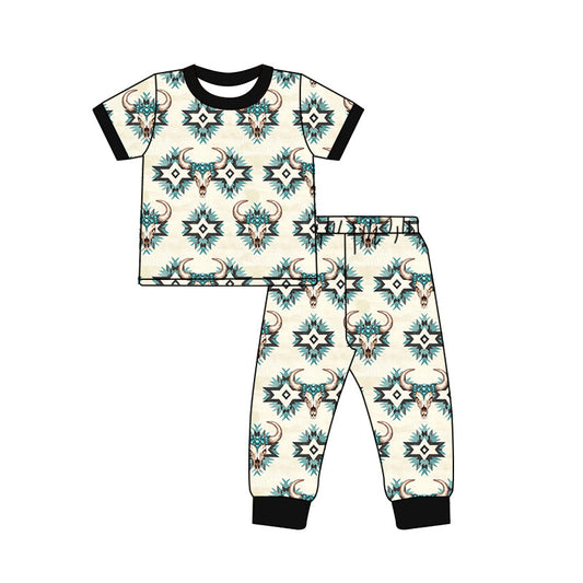 ( Moq 5 ) Preorder Baby Boy Short Sleeves Western Aztec Cow Shirt Pants Pajamas Set