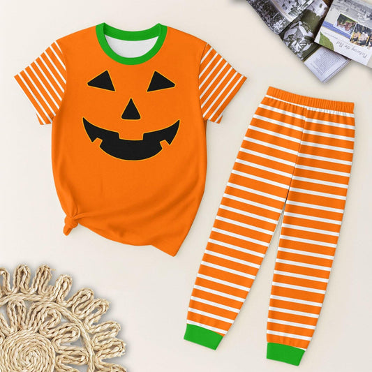( Moq 5 ) Preorder Baby Boy Short Sleeves Halloween Pumpkin Shirt Stripes Pants Orange Pajamas Clothes Set