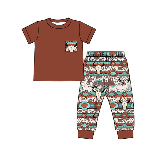 ( Moq 5 ) Preorder Kids Boys Short Sleeves Brown Shirt Western Cow Aztec Pants Set